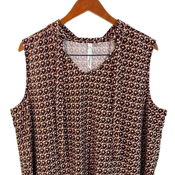 NY Collection Tank Top Blouse 2X Geometric Pattern Collared Neck Tie Jersey Knit - Picture 3 of 6